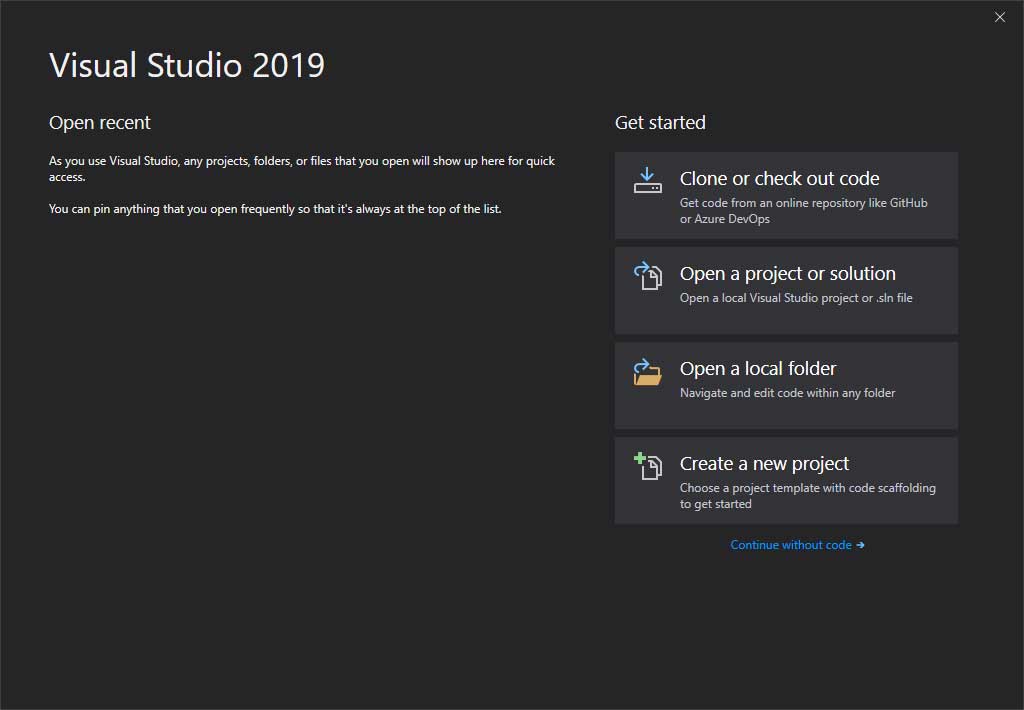 Visual Studio 2019 Start Page