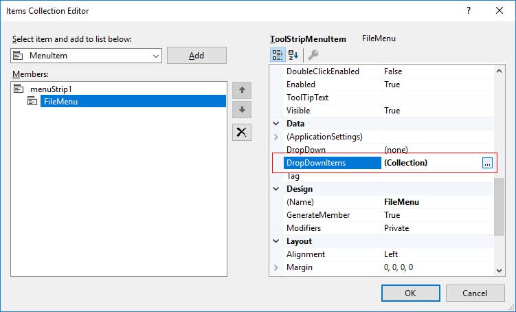 Menu Strip Drop Down Items C#
