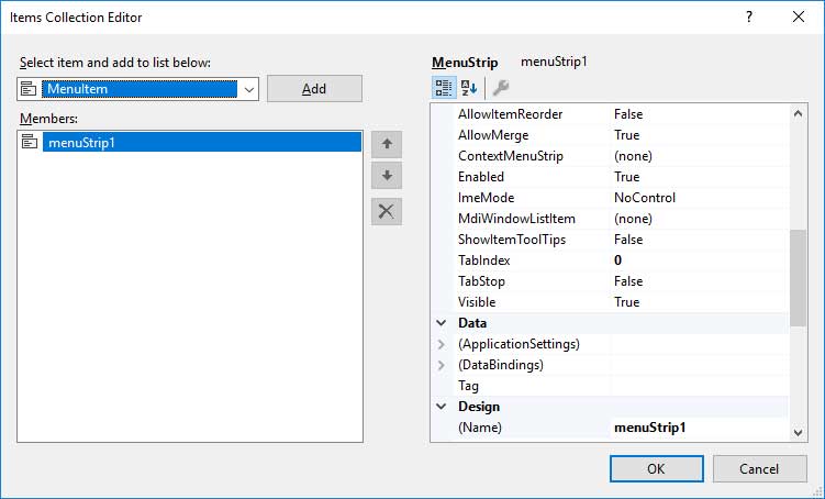 Menus Strip Items Collection Editor C#